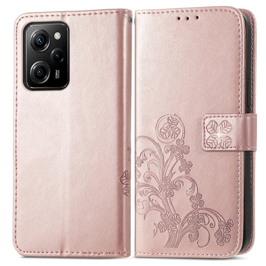 For Xiaomi Poco X5 Pro Four-leaf Clasp Embossed Leather Phone Case(Rose Gold) by buy2fix