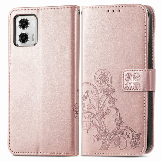 For Motorola Moto G73 Four-leaf Clasp Embossed Buckle Leather Phone Case(Rose Gold) by buy2fix