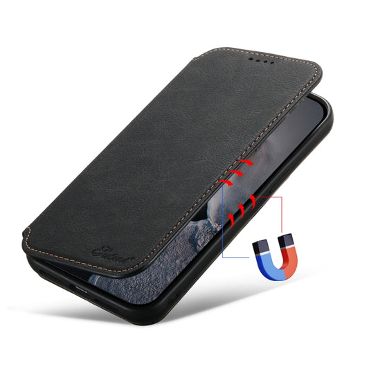 For iPhone 12/12 Pro Suteni J06 Retro Matte Litchi Texture Leather Magnetic Magsafe Phone Case(Black) by Suteni
