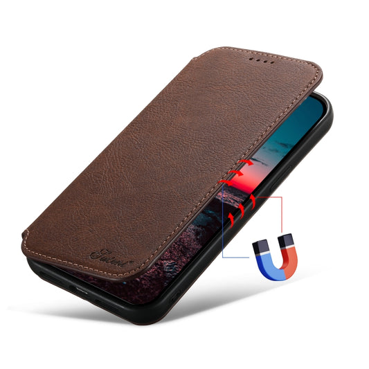 For iPhone 14 Suteni J06 Retro Matte Litchi Texture Leather Magnetic Magsafe Phone Case(Brown) by Suteni