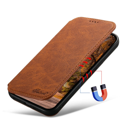 For iPhone 14 Suteni J06 Retro Matte Litchi Texture Leather Magnetic Magsafe Phone Case(Khaki) by Suteni