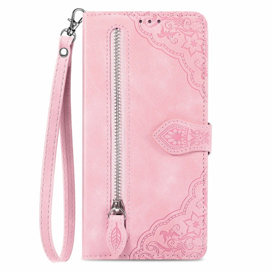 For OnePlus 12 Embossed Flower Zipper Leather Phone Case(Pink) by buy2fix