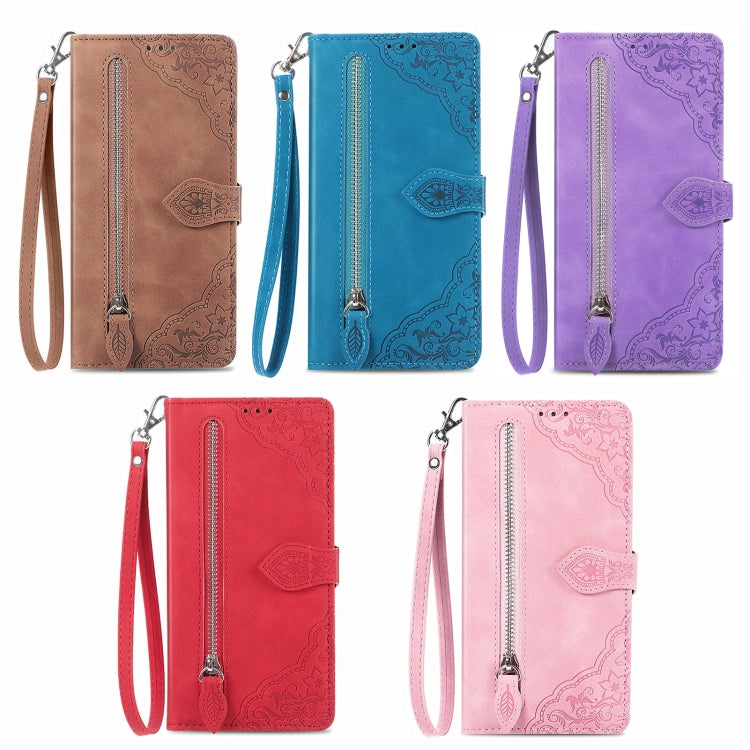 For OnePlus 12 Embossed Flower Zipper Leather Phone Case(Pink) by buy2fix