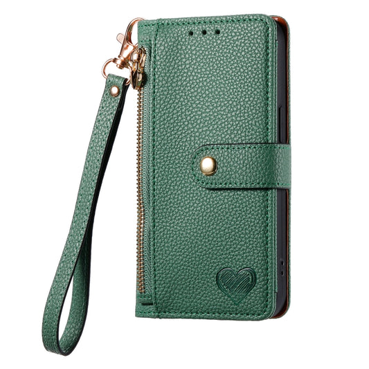 For iPhone 14 Love Zipper Lanyard Leather Phone Case(Green) by buy2fix