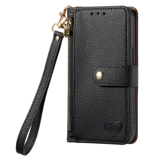 For iPhone 14 Pro Love Zipper Lanyard Leather Phone Case(Black) by buy2fix