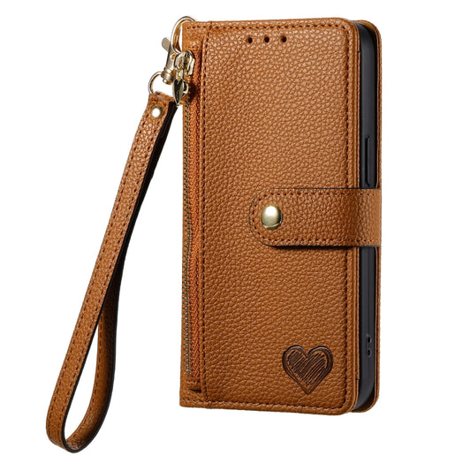 For iPhone 13 Pro Love Zipper Lanyard Leather Phone Case(Brown) by buy2fix