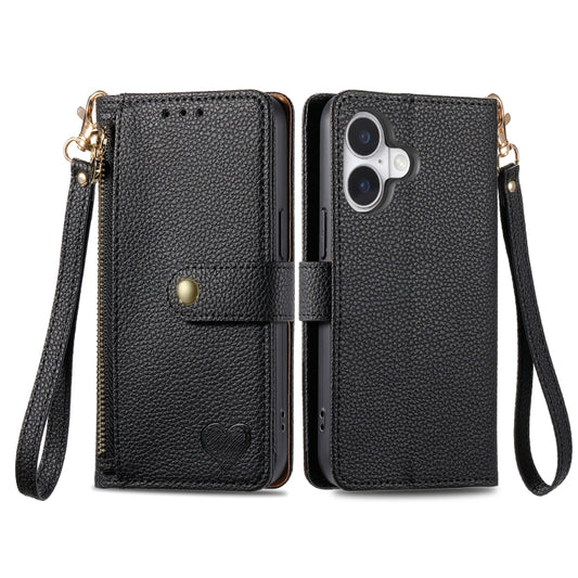 For iPhone 16 Love Zipper Lanyard Leather Phone Case(Black) by buy2fix