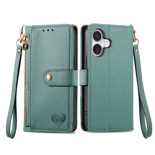 For iPhone 16 Plus Love Zipper Lanyard Leather Phone Case(Green) by buy2fix
