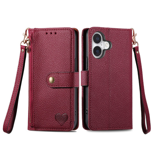 For iPhone 16 Plus Love Zipper Lanyard Leather Phone Case(Red) by buy2fix