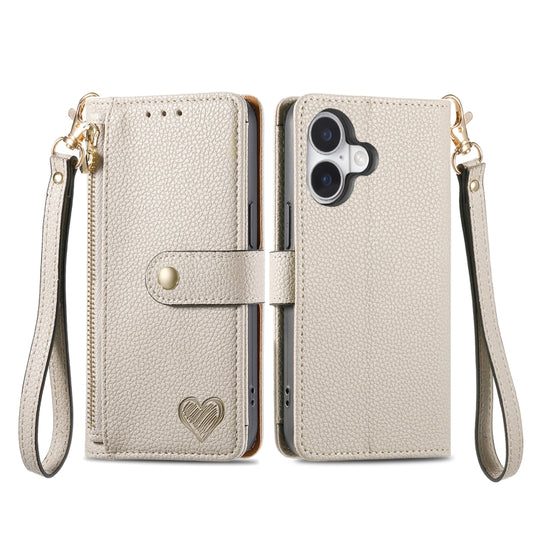 For iPhone 16 Plus Love Zipper Lanyard Leather Phone Case(Gray) by buy2fix