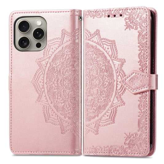 For iPhone 16 Mandala Flower Embossed Leather Phone Case(Rose Gold) by buy2fix
