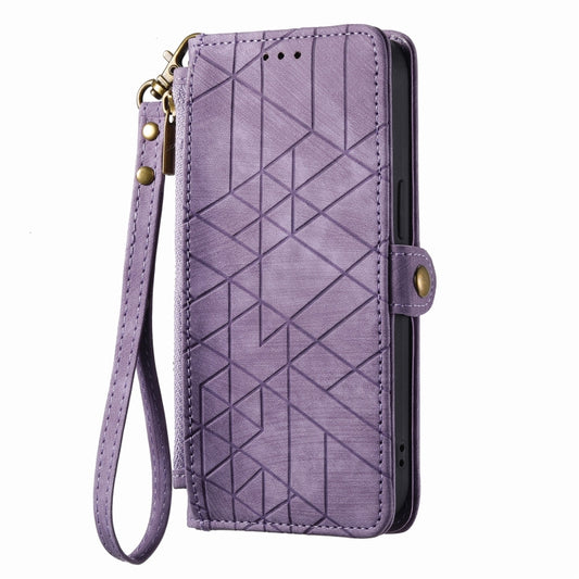For iPhone 14 Pro Max Geometric Zipper Wallet Side Buckle Leather Phone Case(Purple) by buy2fix