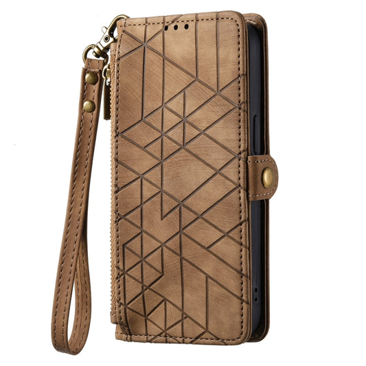 For iPhone 15 Plus Geometric Zipper Wallet Side Buckle Leather Phone Case(Brown) by buy2fix