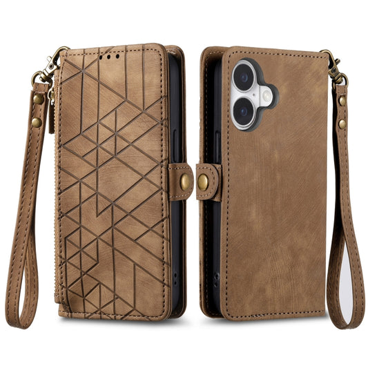 For iPhone 16 Plus Geometric Zipper Wallet Side Buckle Leather Phone Case(Brown) by buy2fix