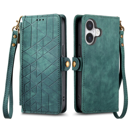 For iPhone 16 Plus Geometric Zipper Wallet Side Buckle Leather Phone Case(Green) by buy2fix