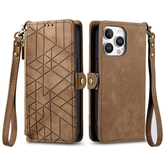 For iPhone 16 Pro Max Geometric Zipper Wallet Side Buckle Leather Phone Case(Brown) by buy2fix