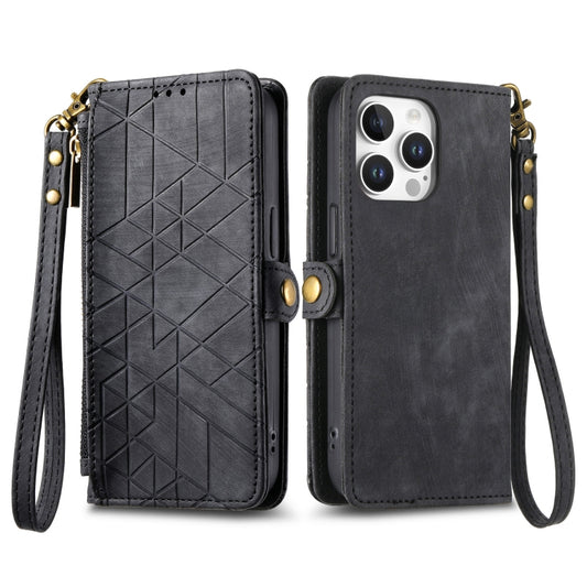 For iPhone 16 Pro Max Geometric Zipper Wallet Side Buckle Leather Phone Case(Black) by buy2fix