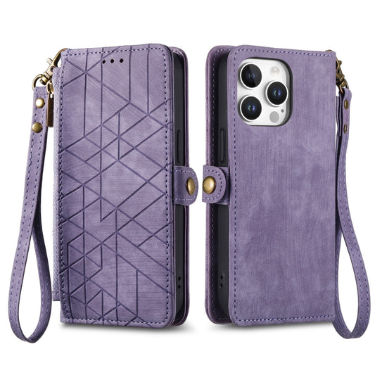 For iPhone 16 Pro Max Geometric Zipper Wallet Side Buckle Leather Phone Case(Purple) by buy2fix