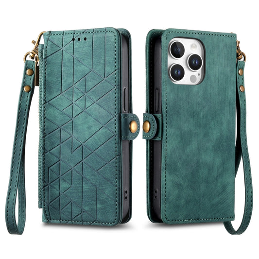 For iPhone 16 Pro Max Geometric Zipper Wallet Side Buckle Leather Phone Case(Green) by buy2fix