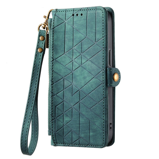 For Samsung Galaxy S21+ 5G Geometric Zipper Wallet Side Buckle Leather Phone Case(Green) by buy2fix