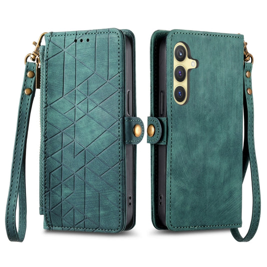 For Samsung Galaxy S24 5G Geometric Zipper Wallet Side Buckle Leather Phone Case(Green) by buy2fix