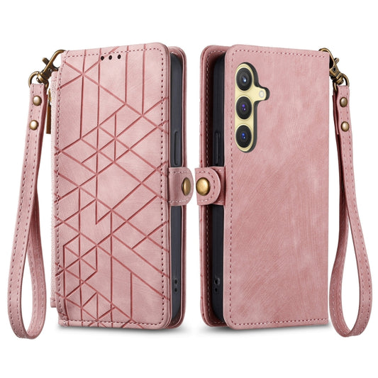 For Samsung Galaxy S25+ 5G Geometric Zipper Wallet Side Buckle Leather Phone Case(Pink) by buy2fix