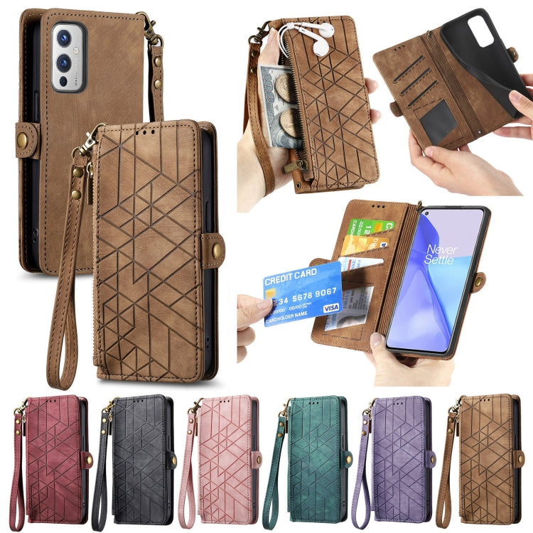 For OnePlus 11 Geometric Zipper Wallet Side Buckle Leather Phone Case(Pink) by buy2fix