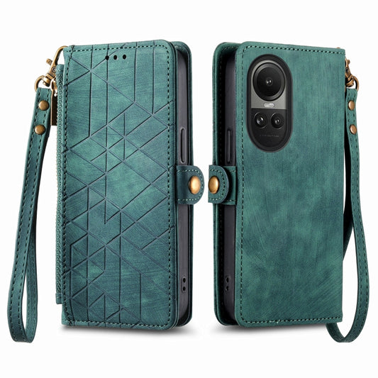 For OPPO Reno10 / 10 Pro Global Geometric Zipper Wallet Side Buckle Leather Phone Case(Green) by buy2fix