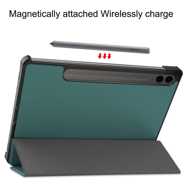 For Samsung Galaxy Tab S9 FE+ 12.4 JUNSUNMAY Custer Solid Color 3-Fold Stand Leather Smart Tablet Case(Dark Green) by JUNSUNMAY