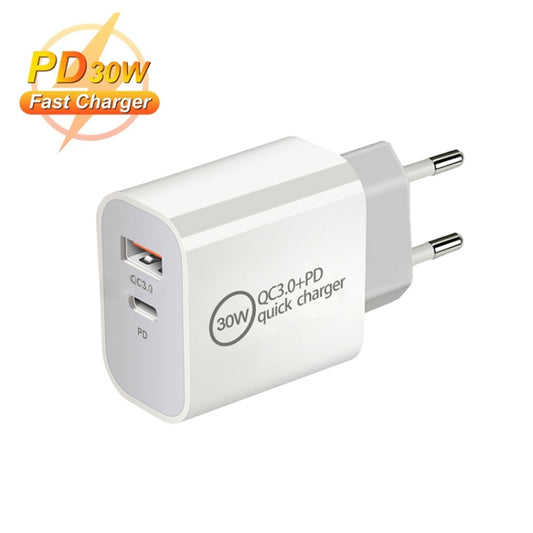 PD30W USB-C / Type-C + QC3.0 USB Dual Port Charger, Plug Size:EU Plug by buy2fix
