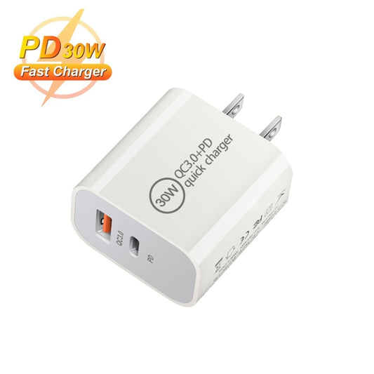 PD30W USB-C / Type-C + QC3.0 USB Dual Port Charger with 1m USB to Type-C Data Cable, US Plug by buy2fix