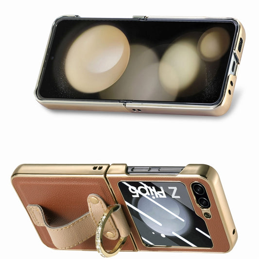 For Samsung Galaxy Z Flip5 5G Brilliant Plating PC Back Screen Integrated Ring Phone Case(Brown) - Galaxy Z Flip5 Cases by buy2fix | Online Shopping UK | buy2fix