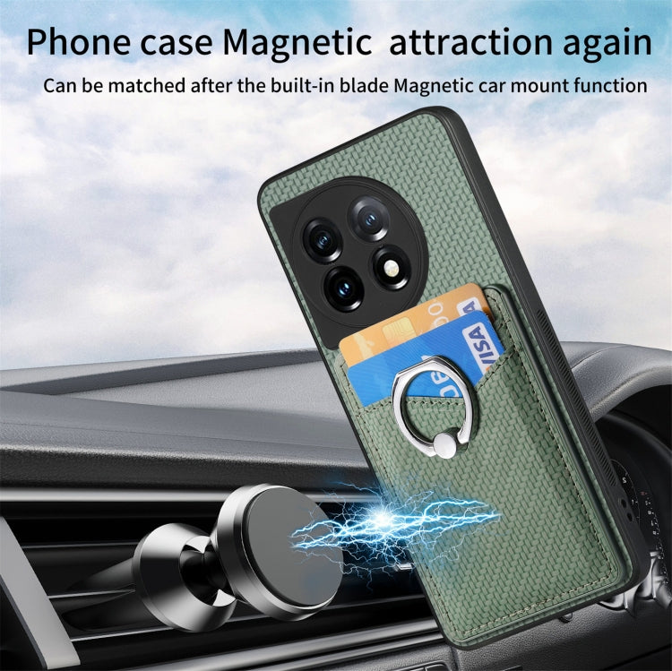 For OnePlus 11 Carbon Fiber Card Wallet Ring Holder Phone Case(Green) by buy2fix