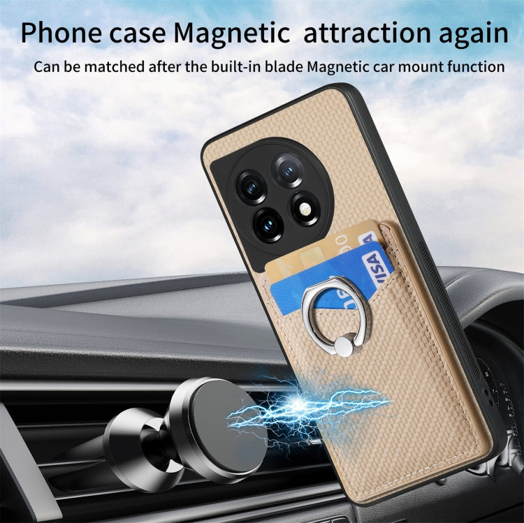 For OnePlus 11 Carbon Fiber Card Wallet Ring Holder Phone Case(Khaki) by buy2fix