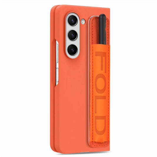 For Samsung Galaxy Z Fold5 5G Integrated Film Wrist Grip Leather Phone Case with Pen Slot(Orange) - Galaxy Z Fold5 Cases by buy2fix | Online Shopping UK | buy2fix