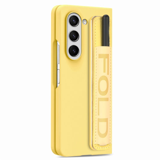 For Samsung Galaxy Z Fold5 5G Integrated Film Wrist Grip Leather Phone Case with Pen Slot(Yellow) - Galaxy Z Fold5 Cases by buy2fix | Online Shopping UK | buy2fix