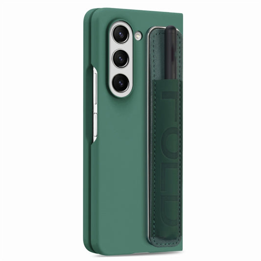For Samsung Galaxy Z Fold5 5G Integrated Film Wrist Grip Leather Phone Case with Pen Slot(Dark Green) - Galaxy Z Fold5 Cases by buy2fix | Online Shopping UK | buy2fix