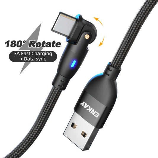 ENKAY 180 Degrees Rotating USB to Type-C 3A Fast Charging Data Cable with LED Light, Length:2m(Black) by ENKAY