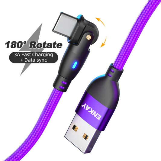 ENKAY 180 Degrees Rotating USB to Type-C 3A Fast Charging Data Cable with LED Light, Length:2m(Purple) by ENKAY