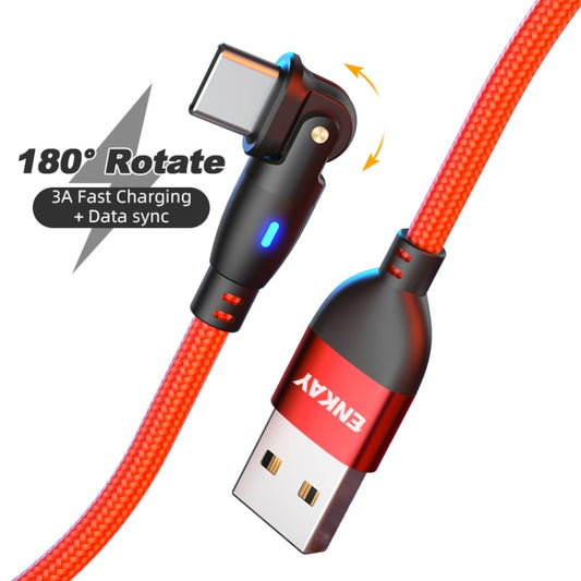 ENKAY 180 Degrees Rotating USB to Type-C 3A Fast Charging Data Cable with LED Light, Length:2m(Red) by ENKAY