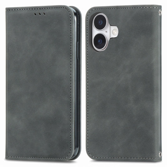 For iPhone 16 Plus Retro Skin Feel Magnetic Flip Leather Phone Case(Gray) by buy2fix