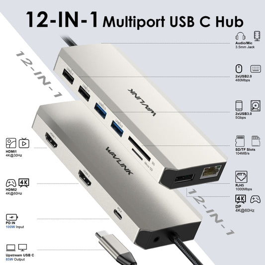 Wavlink UMD302 Type-C to Multiport Dual 4K HDMI HUB Triple Monitor 12-in-1 Laptop Docking Station by WAVLINK