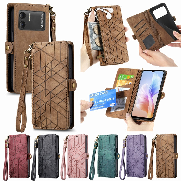 For DOOGEE X98 Pro / X98 Geometric Zipper Wallet Side Buckle Leather Phone Case(Brown) by buy2fix