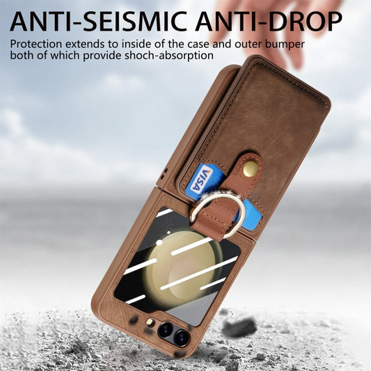 For Samsung Galaxy Z Flip5 5G Integrated Magnetic Card Wallet Diamond-encrusted Ring Phone Case(Brown) - Galaxy Z Flip5 Cases by buy2fix | Online Shopping UK | buy2fix