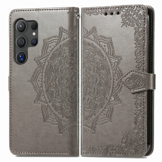 For Samsung Galaxy S24 Ultra 5G Mandala Flower Embossed Leather Phone Case(Gray) by buy2fix