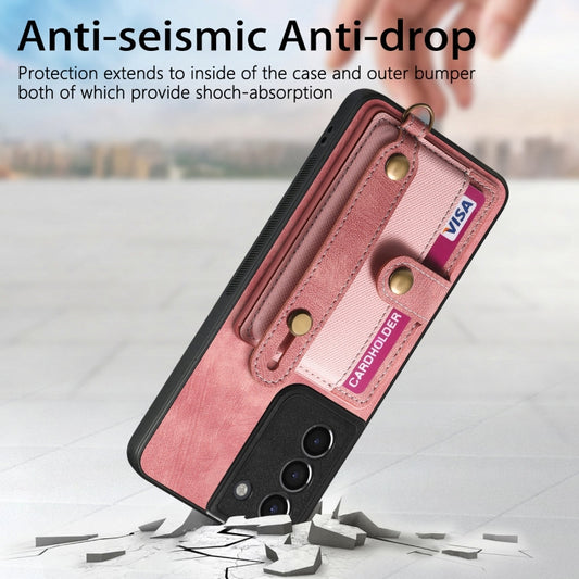 For Samsung Galaxy S21 5G Retro Cross Wristband Wallet Leather Back Phone Case(Pink) by buy2fix