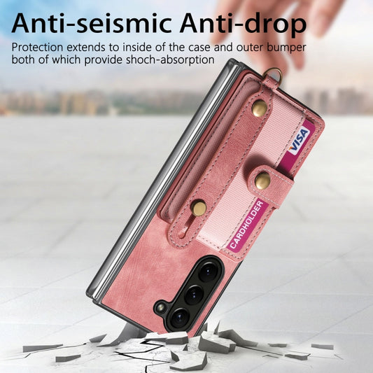 For Samsung Galaxy Z Fold6 5G Retro Cross Wristband Wallet Leather Back Phone Case(Pink) by buy2fix