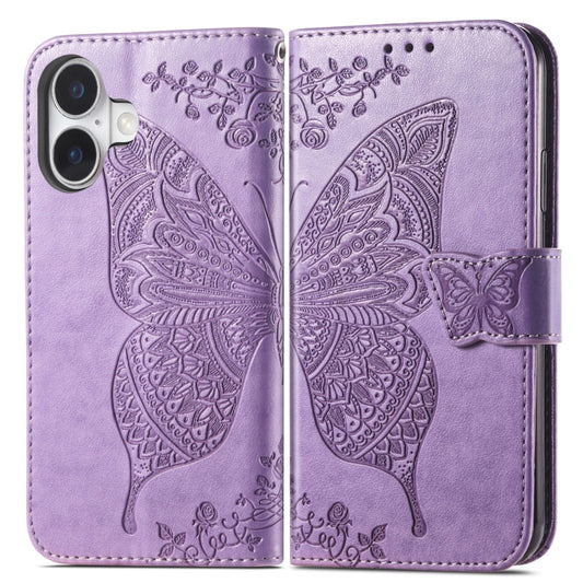 For iPhone 16 Butterfly Love Flower Embossed Leather Phone Case(Lavender) by buy2fix