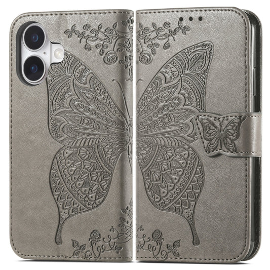 For iPhone 16 Butterfly Love Flower Embossed Leather Phone Case(Gray) by buy2fix