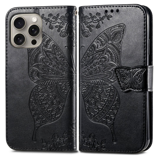For iPhone 16 Pro Butterfly Love Flower Embossed Leather Phone Case(Black) by buy2fix